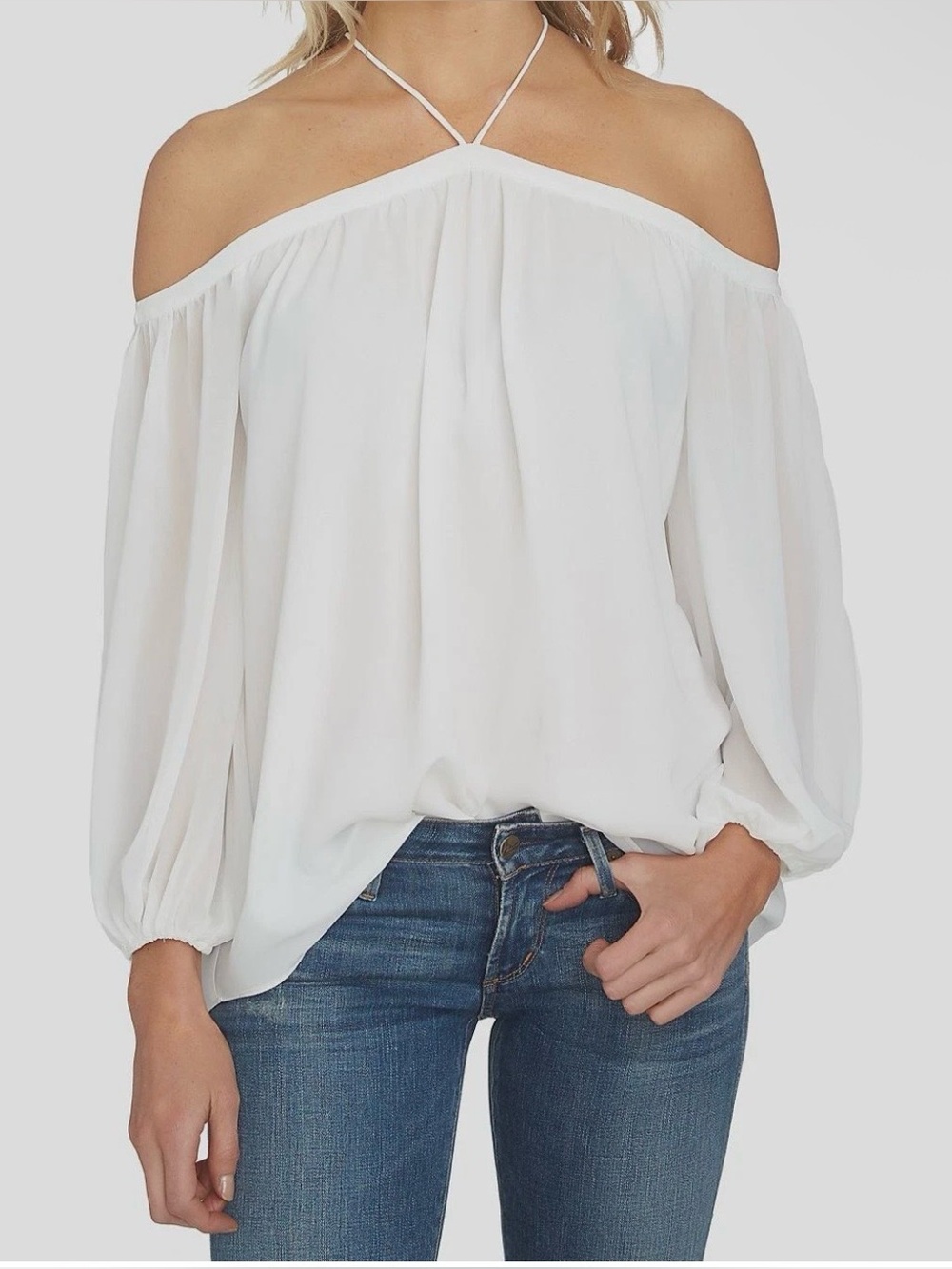 1.State Off-Shoulder White Blouse Cross Chest Back Straps Size Medium PTP 20”-22